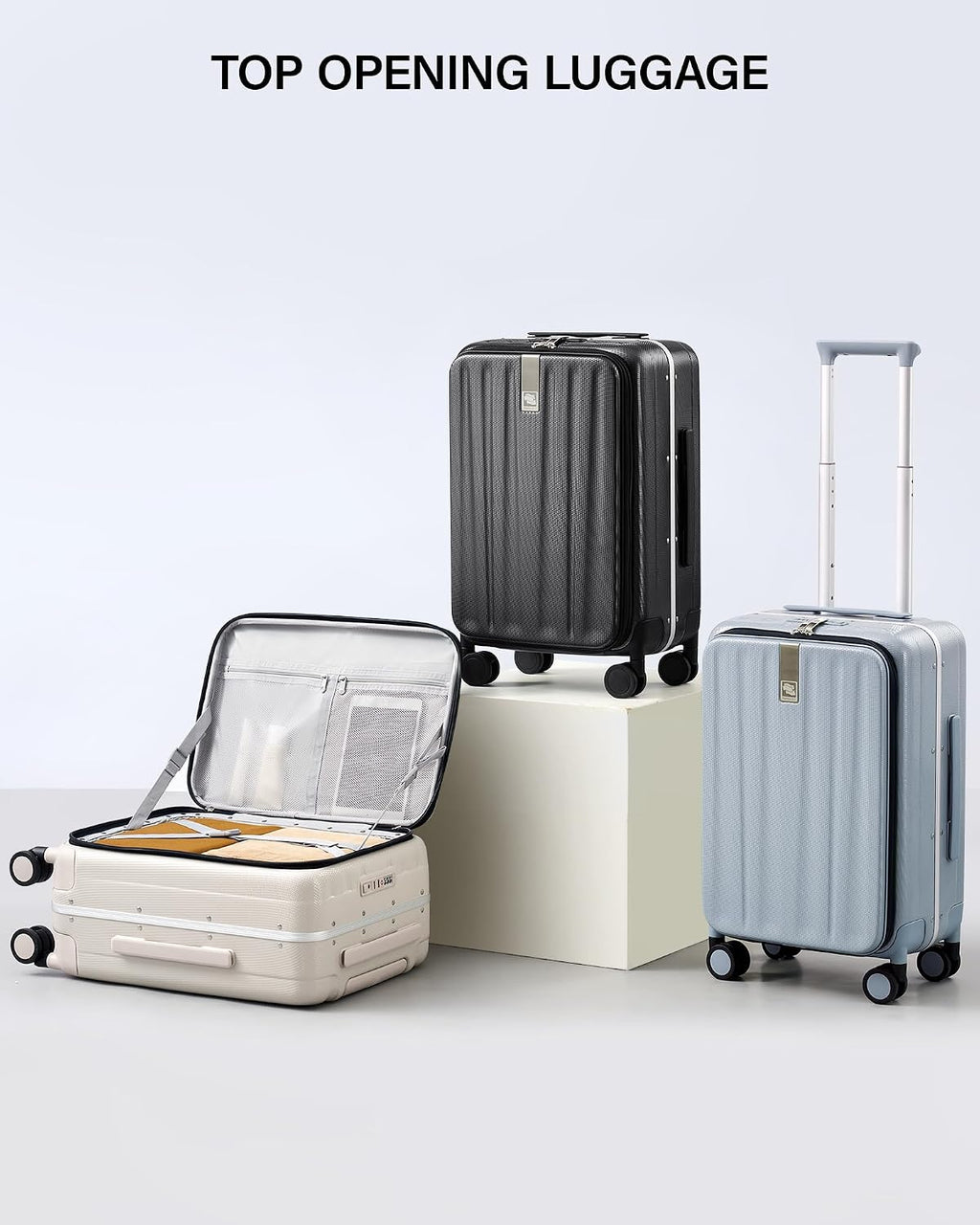Hanke 20 Inch Carry-On Luggage PC Hard Shell Suitcases for Travel Front Opening Aluminum Frame Travel Luggage Rolling Suitcase with Wheels for Women Man Gifts.(Jet Black)
