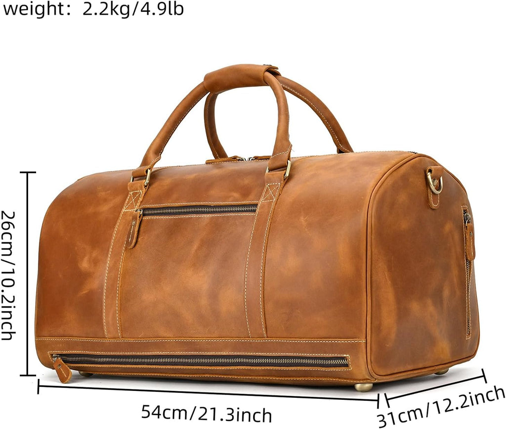 LUUFAN Full-grain Leather Travel Bag Large Capacity Duffel Luggage Bag with Shoe Compartment, Men Weekend Overnight Bag for Business Holiday Trip, Light Brown