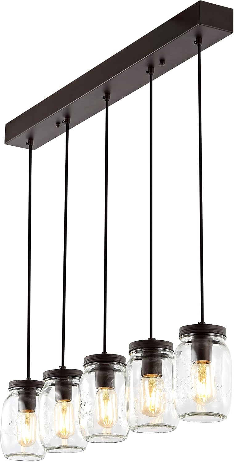 JONATHAN Y 33.25' Oil Rubbed Bronze/Clear Farmhouse Industrial Mini Pendant Lighting, Clear Glass Mason Jar Shade, Dimmable Hanging Ceiling Fixture for Kitchen Island Sink, LED Bulb Included JYL7803A