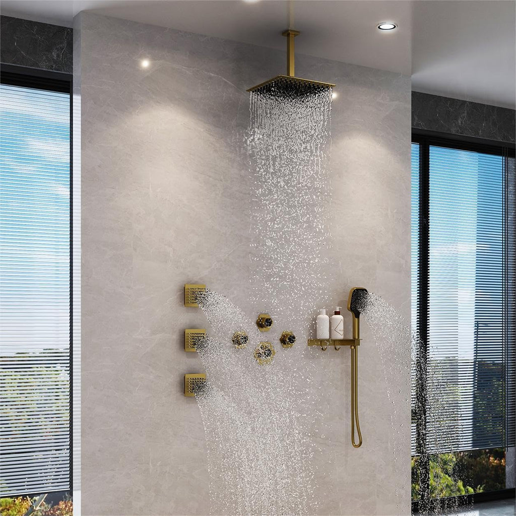MONDAWE Shower System with Body Jets, 12 Inch Thermostatic Rain Shower System Ceiling Mount, Full Body Spray Shower Jets System with a Shelf, Towel Hooks - Brushed Gold