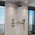 MONDAWE Shower System with Body Jets, 12 Inch Thermostatic Rain Shower System Ceiling Mount, Full Body Spray Shower Jets System with a Shelf, Towel Hooks - Brushed Gold