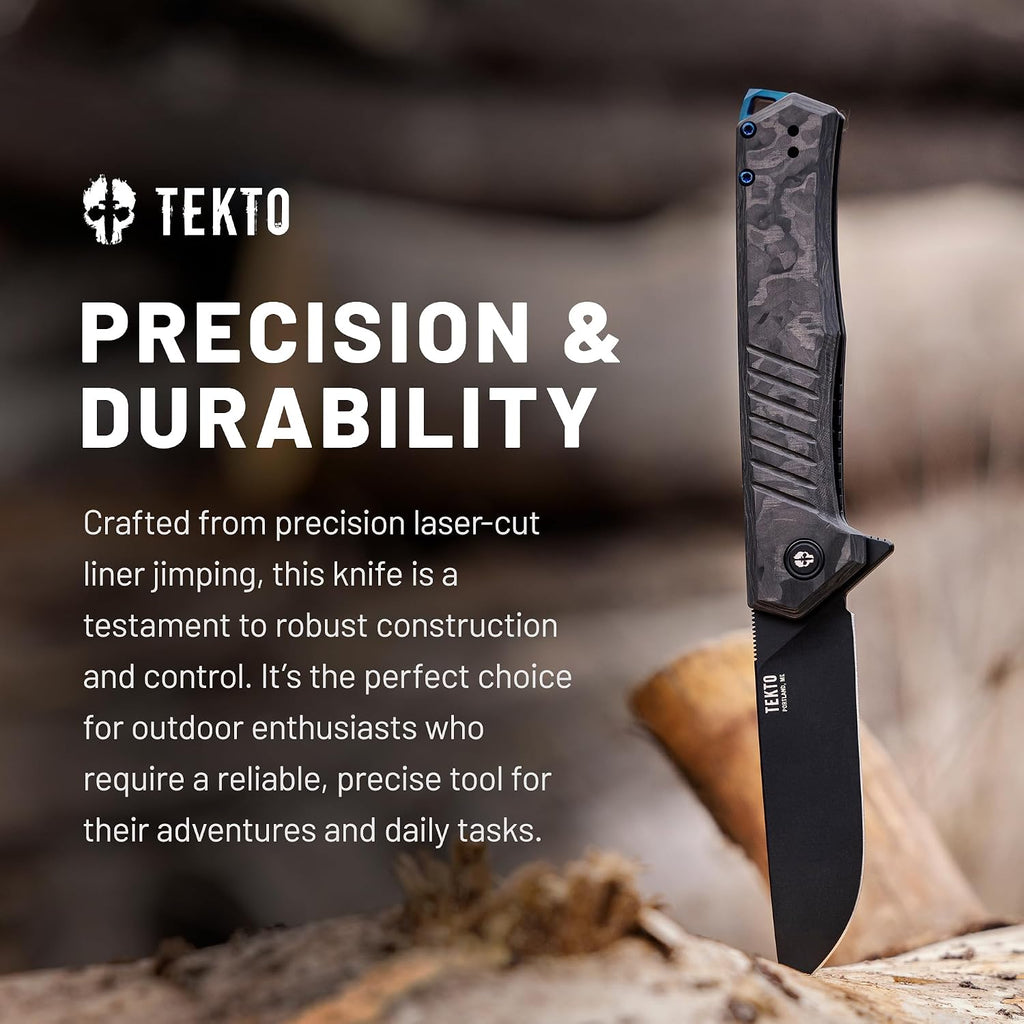 TEKTO F1 Alpha Folding Pocket Knife - Modified Straight Back Blade, Titanium Coated D2 Steel, Tactical Knife, EDC Folding Pocket Knives for Camping, Hunting & Backpacking - Forged Carbon, Blue Accents