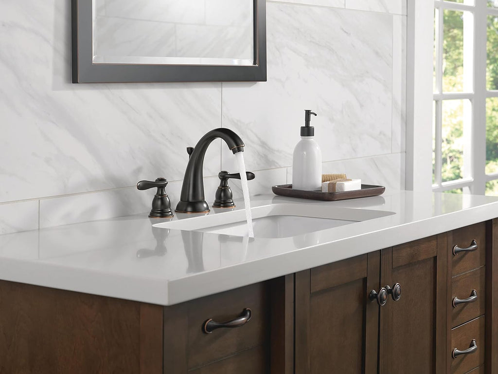 Delta Windemere Oil Rubbed Bronze Bathroom Faucet 3 Hole, 8 Inch Widespread Bathroom Sink Faucet for Vanity, Metal Push-Pop Drain Assembly, Oil Rubbed Bronze B3596LF-OB