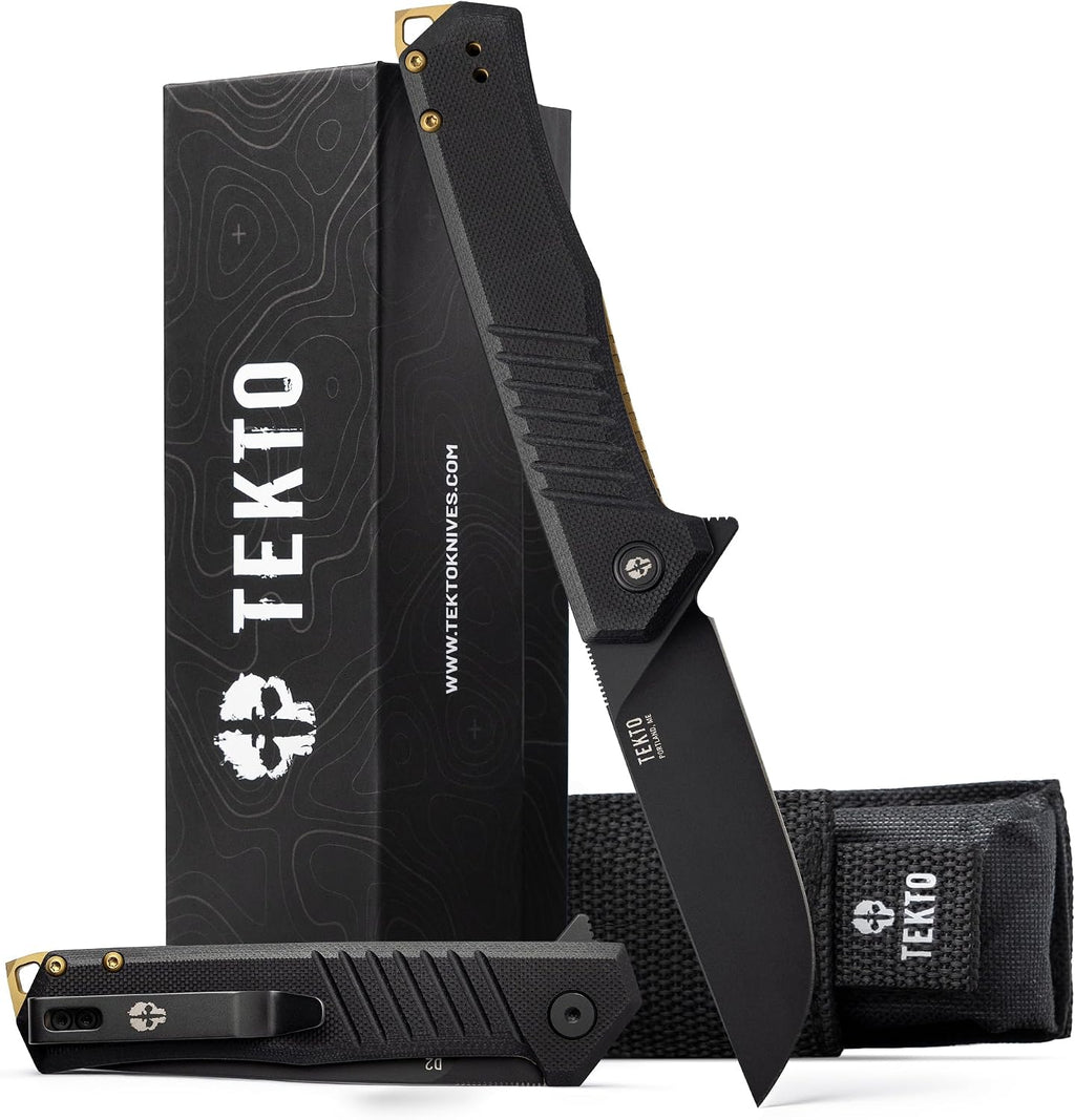 TEKTO F1 Alpha Folding Pocket Knife - Modified Straight Back Blade, Titanium Coated D2 Steel, Tactical Knife, EDC Folding Pocket Knives for Camping, Hunting & Backpacking - G10 Black, Bronze Accents