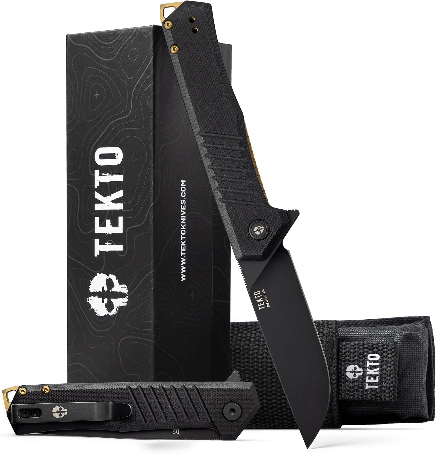 TEKTO F1 Alpha Folding Pocket Knife - Modified Straight Back Blade, Titanium Coated D2 Steel, Tactical Knife, EDC Folding Pocket Knives for Camping, Hunting & Backpacking - G10 Black, Bronze Accents