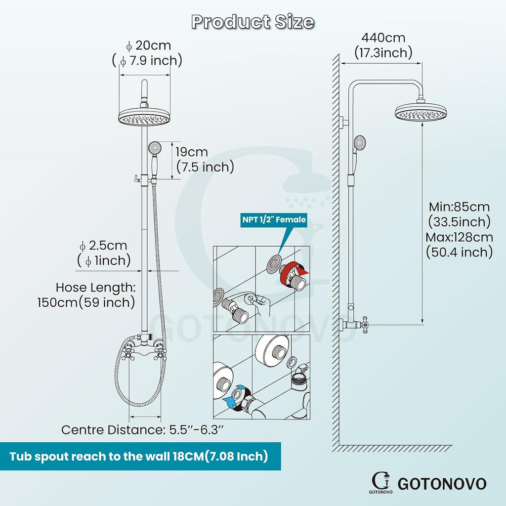 gotonovo Luxury Exposed Shower Faucet Set Bathroom Shower System 8 Inch Wall Mount Rainfall Shower Head with Handheld Spray Cross Double Handle Shower Fixture Adjustable Straight Rod Antique brass