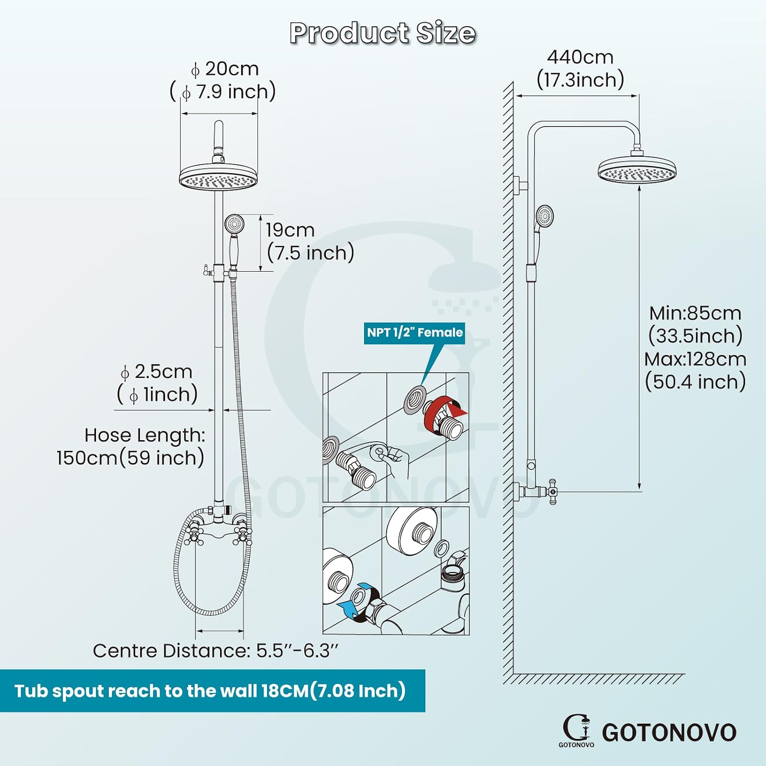 gotonovo Luxury Exposed Shower Faucet Set Bathroom Shower System 8 Inch Wall Mount Rainfall Shower Head with Handheld Spray Cross Double Handle Shower Fixture Adjustable Straight Rod Antique brass