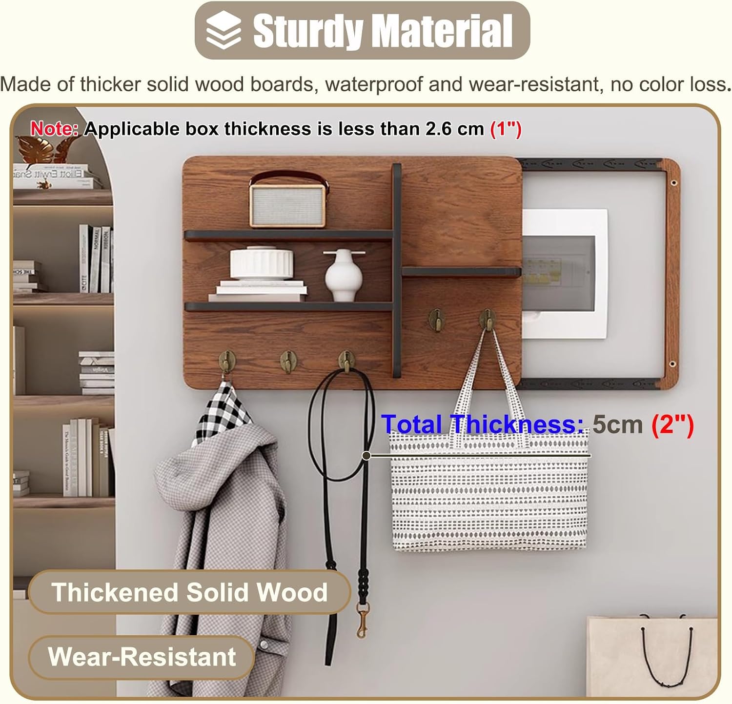 Wooden Breaker Box Cover with Shelves & Hooks, Multifunctional Indoor Fuse Box Cover for Decorative Wall, Left Sliding Meter Box Cover Farmhouse(Style/D,40x30cm(15 3/4x11 3/4'))
