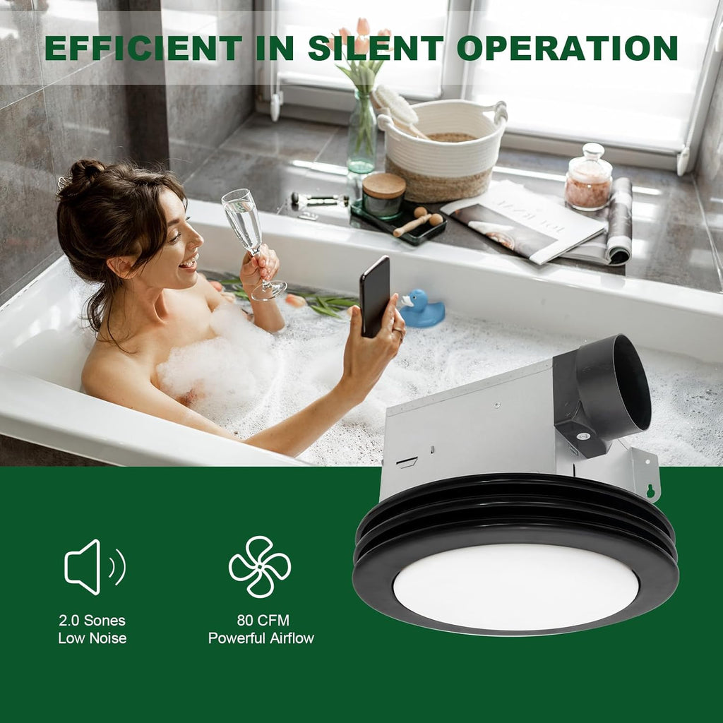 Akicon Bathroom Exhaust Fan with Light, 80 CFM 2 Sones Round Bathroom Fans Light Combo, Dimmable 3CCT LED Shower Lights Vent Fan with Acrylic Cover for Medium Room(Matte Black)