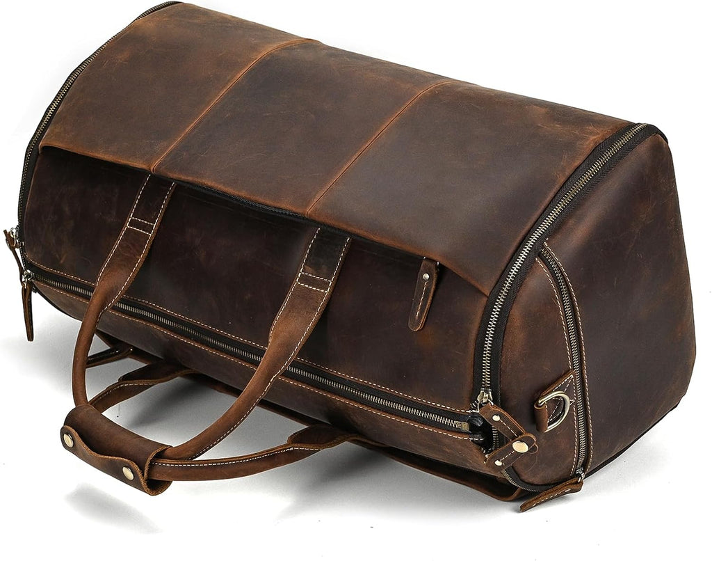 LUUFAN Full-grain Leather Garment Bag Large Capacity Travel Bag Business Suit Carrier Bag with Shoe Compartment, Overnight Gym Sports Duffel Bags for Men Women, Coffee