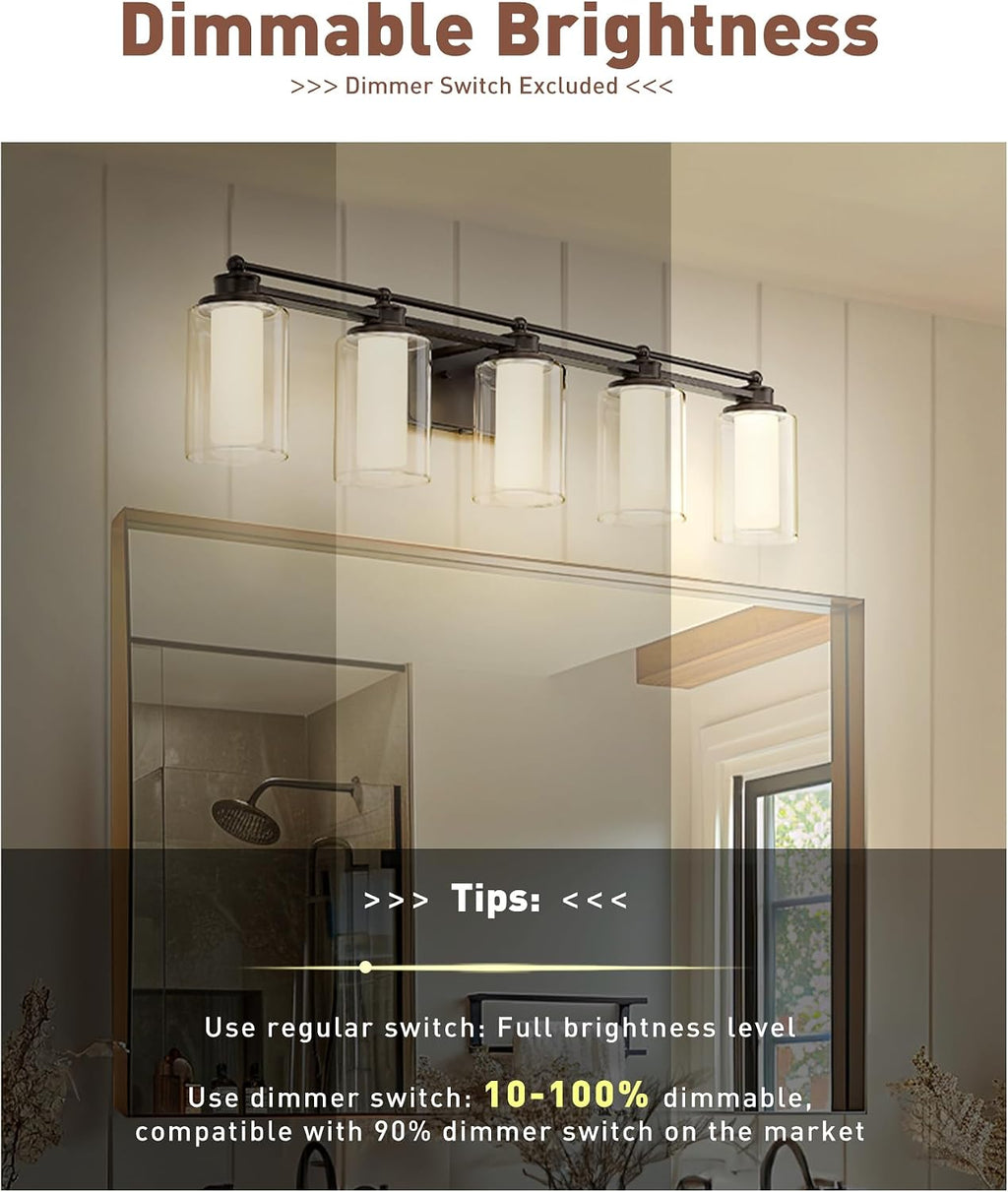 HWH 5-Light Bathroom Vanity Light Fixture, Oil-Rubbed Bronze Bathroom Lights Over Mirror, 30W 5CCT Dimmable LED Vanity Lights with Clear Glass, 5HLT63B-5W-LED ORB