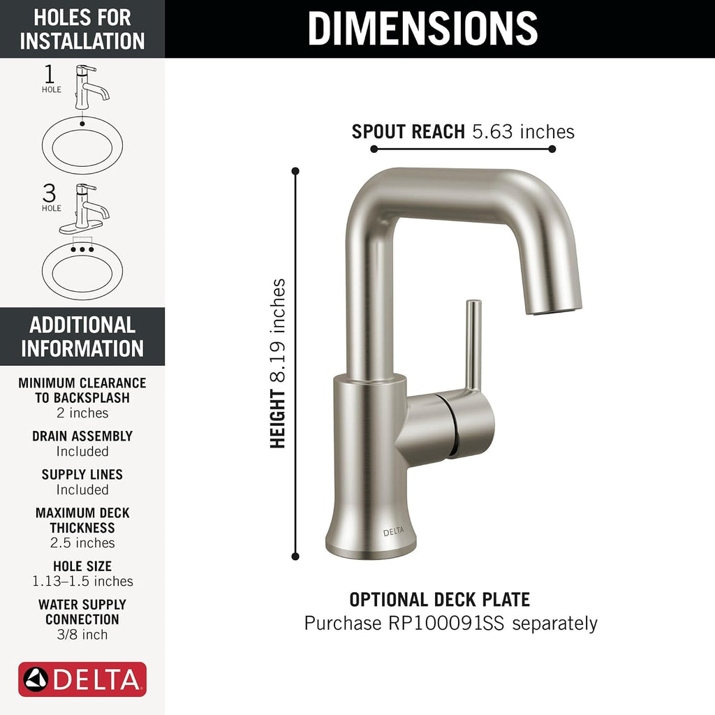Delta Trinsic U-Spout 1-Hole Bathroom Faucet, Brushed Nickel Single Hole Bathroom Sink Faucet, Metal Push-Pop Drain Assembly, Stainless 554HAR-SS-DST