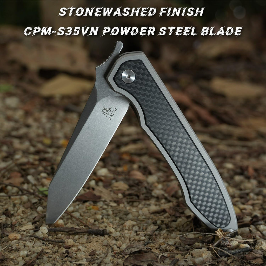 KATSU S35VN Folding Knife with Clip,Carbon Fiber Handle Pocket Knife Cleaver Razor Blade Frame Lock,Japanese Style Clip Point Blade Stonewashed Titanium Knives with Leather Sheath Camping