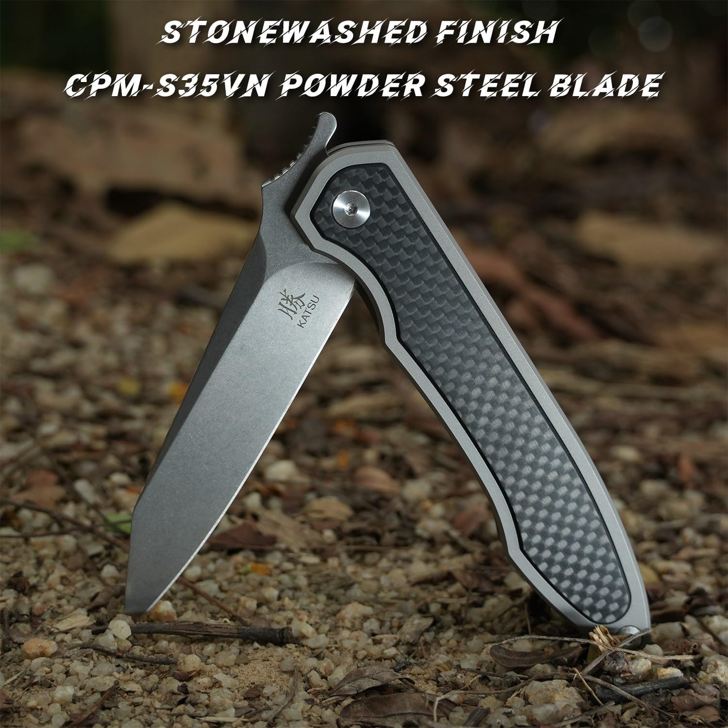 KATSU S35VN Folding Knife with Clip,Carbon Fiber Handle Pocket Knife Cleaver Razor Blade Frame Lock,Japanese Style Clip Point Blade Stonewashed Titanium Knives with Leather Sheath Camping