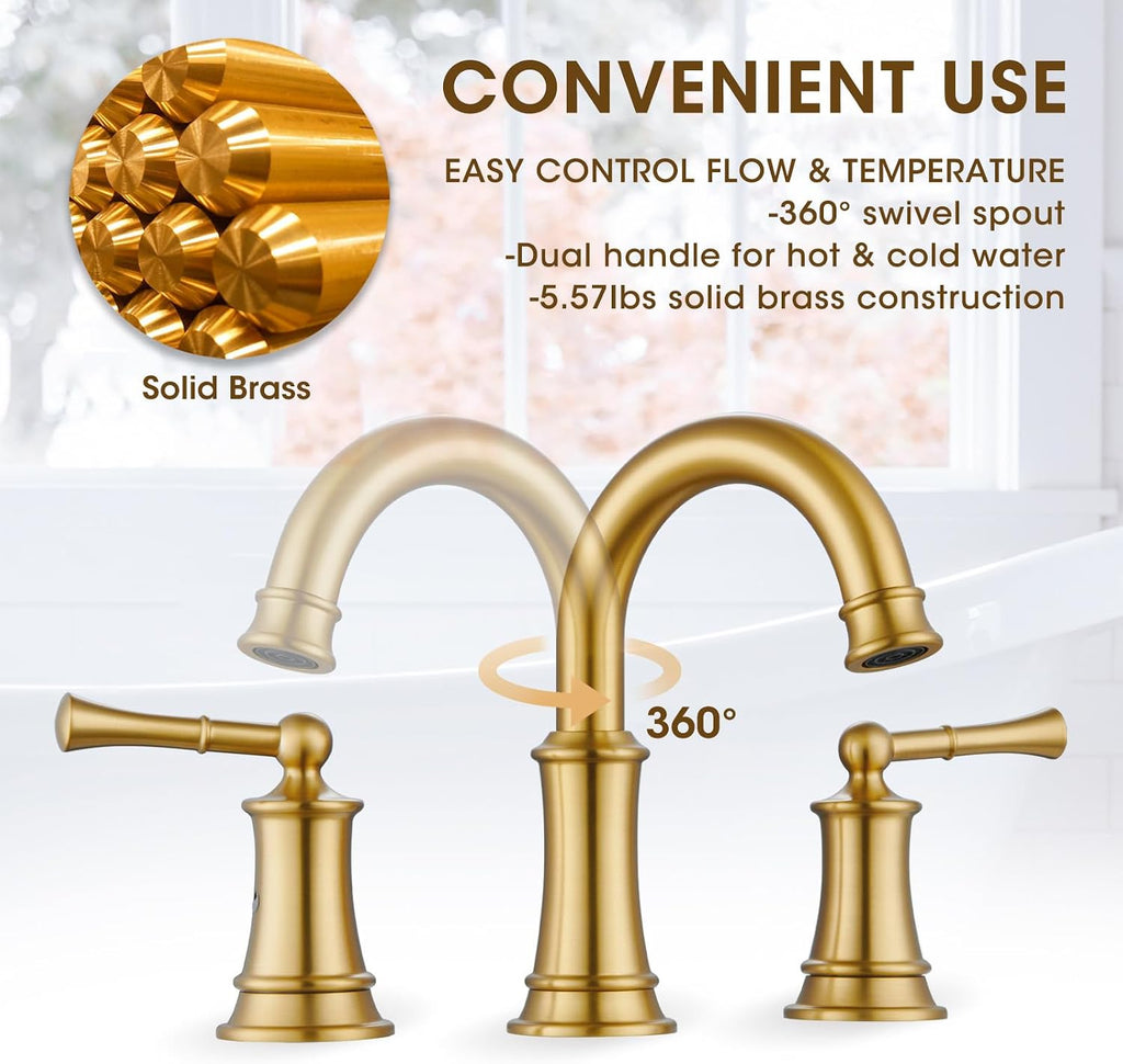 Brushed Gold Bathroom Faucet 8 Inch, Brass Bathroom Faucet, 3 Hole Gold Bathroom Faucet with Pop-Up Drain and 2 Supply Hoses for Vanity, Lavatory, RV Farmhouse (L2304-BG)