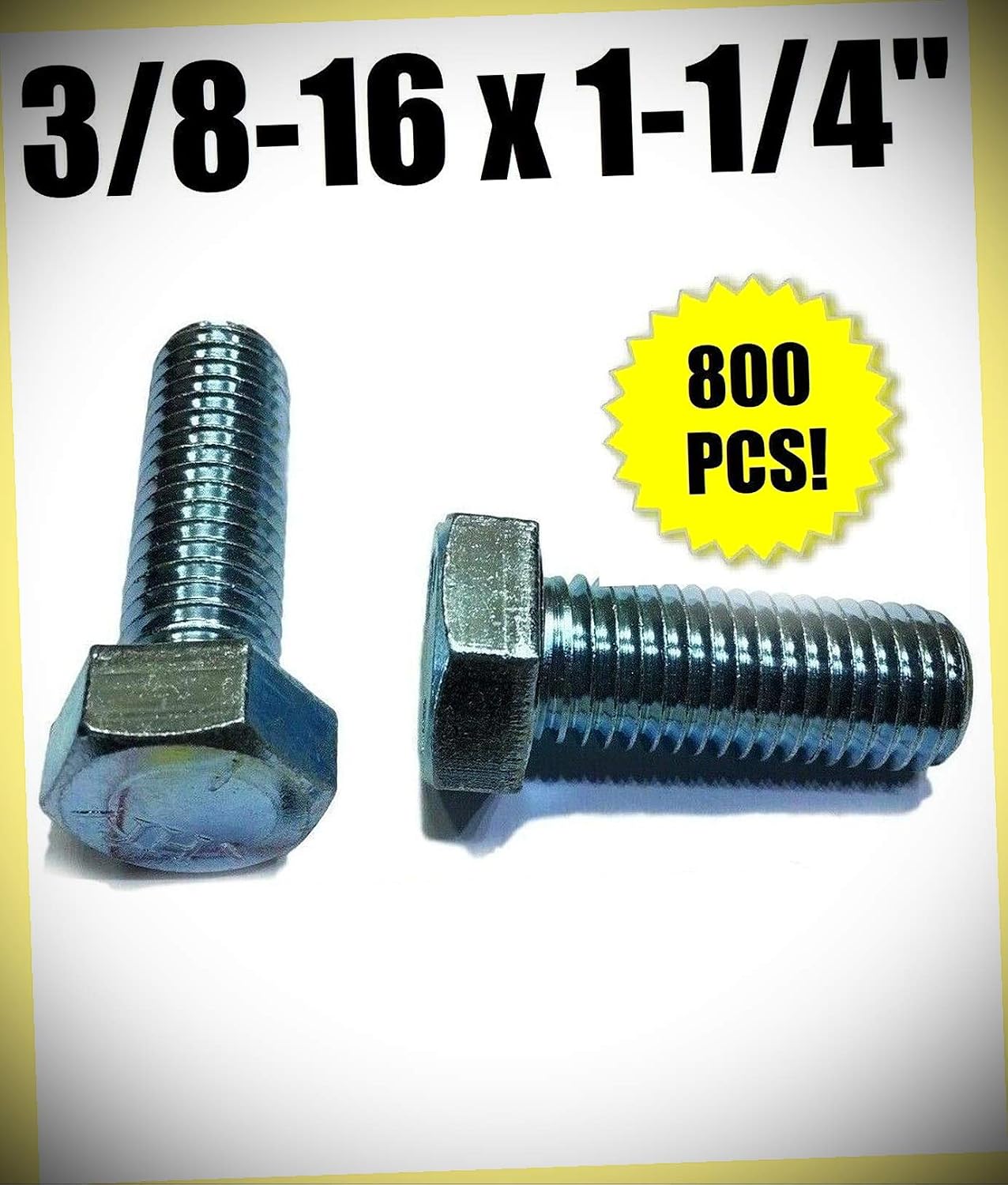 Package of 800 (pcs) 3/8-16 x 1 1/4' Hex Bolt Zinc Plated Grade 5 Full Thread Cap Screw Set #RD-4275FST Warranity by Pr-Mch