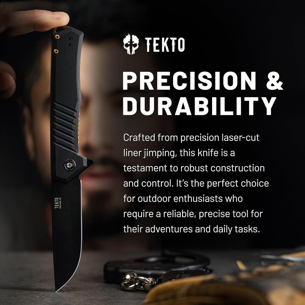 TEKTO F1 Alpha Folding Pocket Knife - Modified Straight Back Blade, Titanium Coated D2 Steel, Tactical Knife, EDC Folding Pocket Knives for Camping, Hunting & Backpacking - G10 Black, Bronze Accents