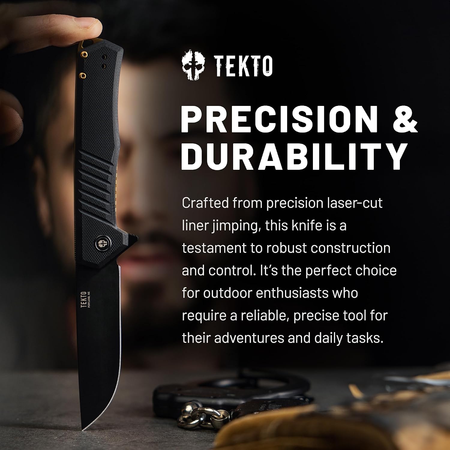 TEKTO F1 Alpha Folding Pocket Knife - Modified Straight Back Blade, Titanium Coated D2 Steel, Tactical Knife, EDC Folding Pocket Knives for Camping, Hunting & Backpacking - G10 Black, Bronze Accents