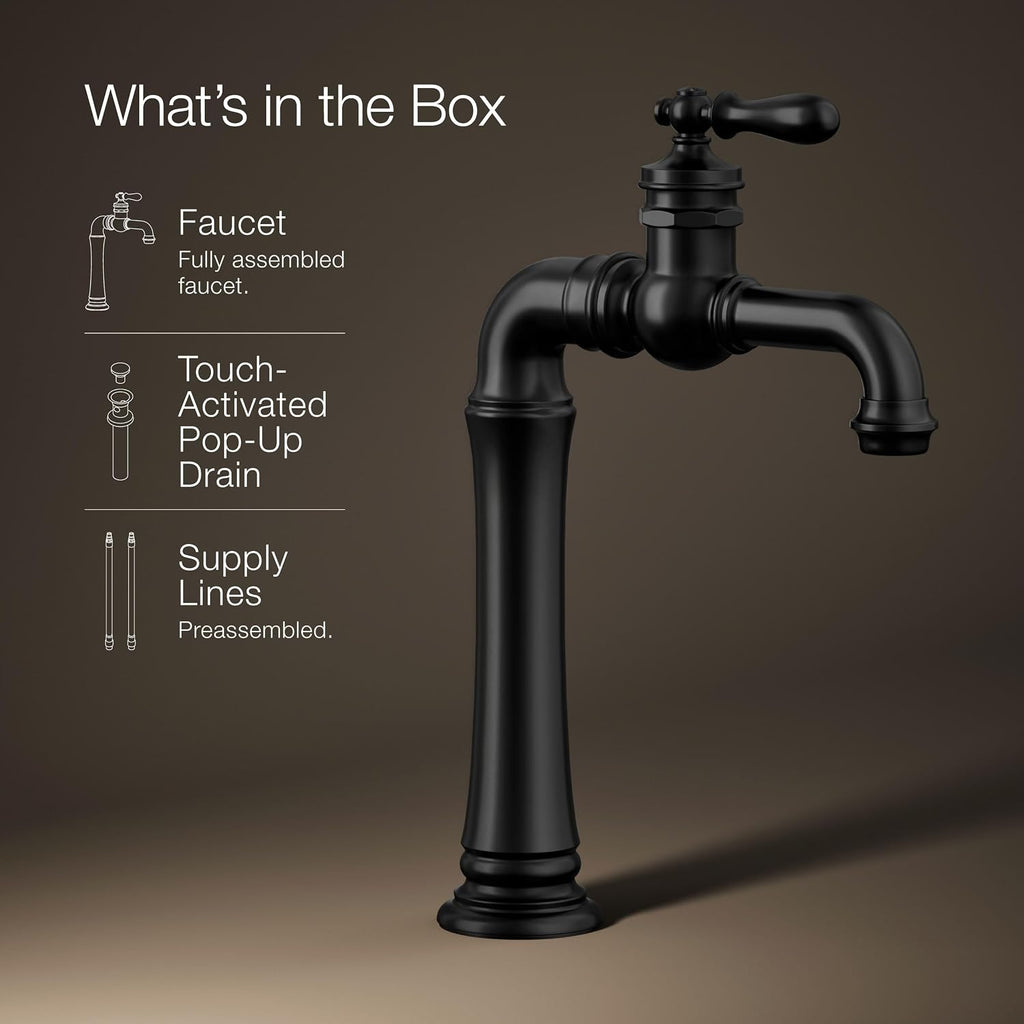 KOHLER K-72763-9M-BL Artifacts Gentleman's Single-Handle Bathroom Sink Faucet, 1.2 GPM, Vintage Inspired, Matte Black