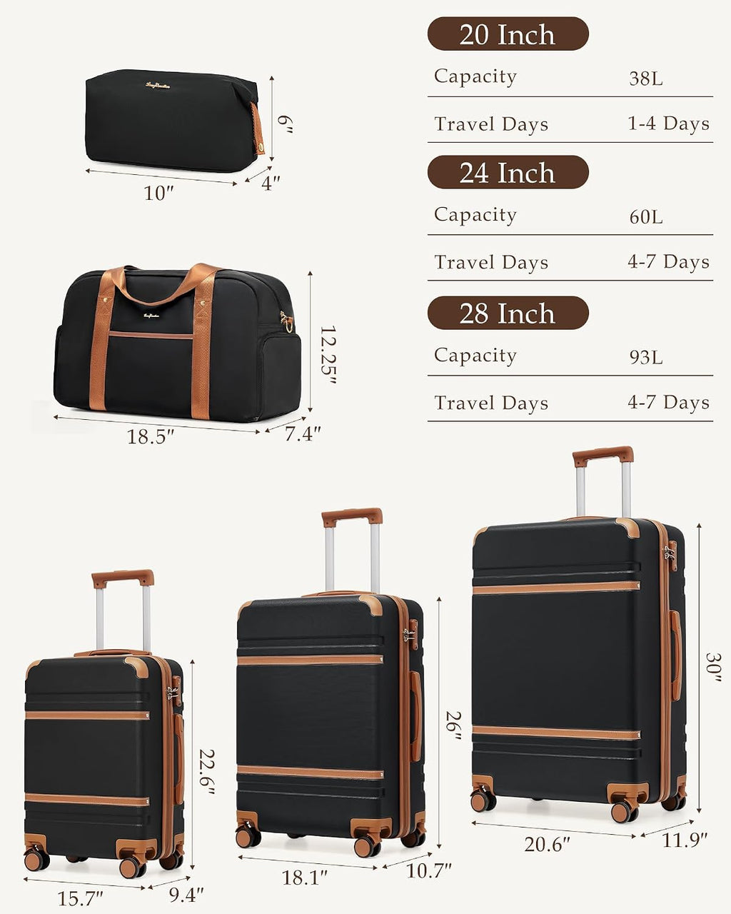 LONG VACATION Luggage Sets 5 Piece, Suitcases With Wheels, PC+ABS Hardshell Luggage Set with Spinner Wheels, TSA Lock (Black Brown)