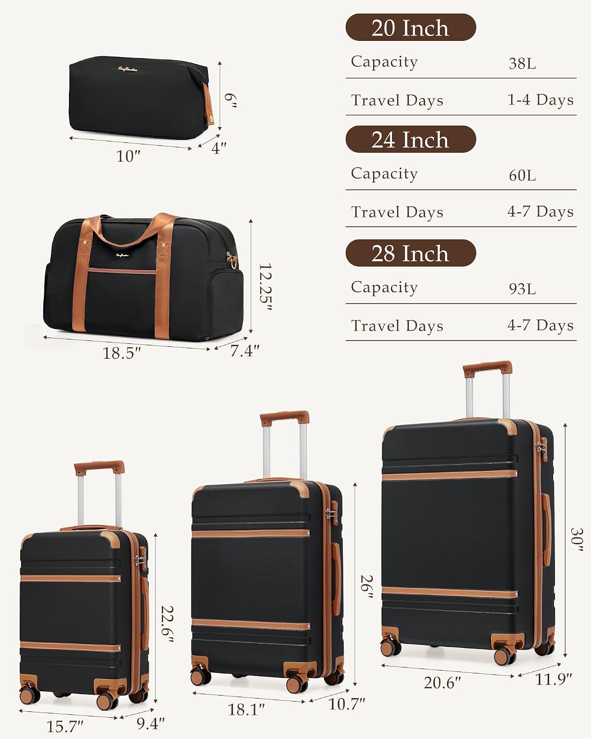 LONG VACATION Luggage Sets 5 Piece, Suitcases With Wheels, PC+ABS Hardshell Luggage Set with Spinner Wheels, TSA Lock (Black Brown)