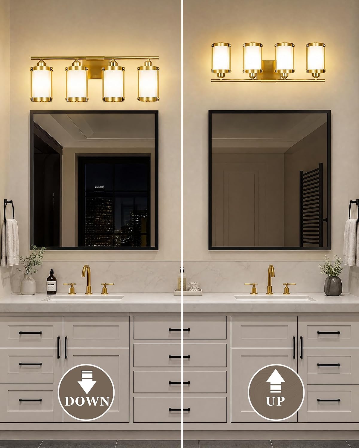 4-Light Brushed Gold Bathroom Light Fixtures with Milk White Frosted Glass, 29' UL-Listed Modern Wall Sconce Over Mirror with Metal Cage for Bath, Hardwire E26, OS-3014BGW-4W