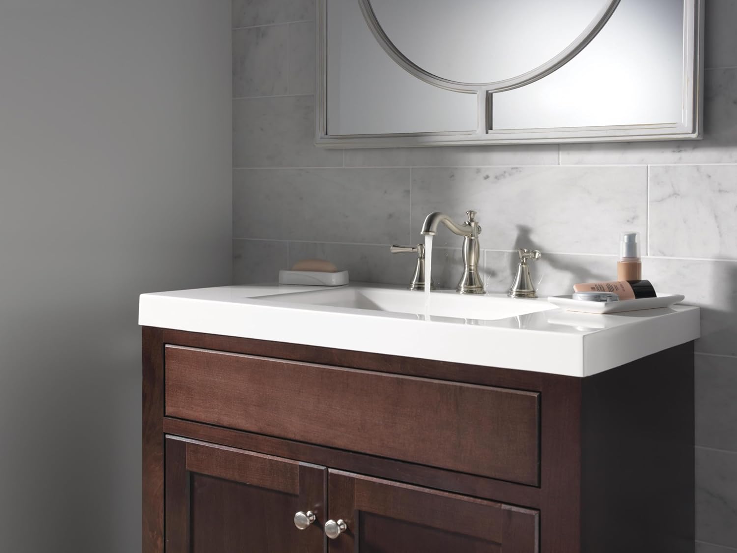 DELTA FAUCET Cassidy Widespread Bathroom Faucet Brushed Nickel, Bathroom Faucet 3 Hole, Bathroom Sink Faucet, Metal Drain Assembly, Stainless 3597LF-SSMPU