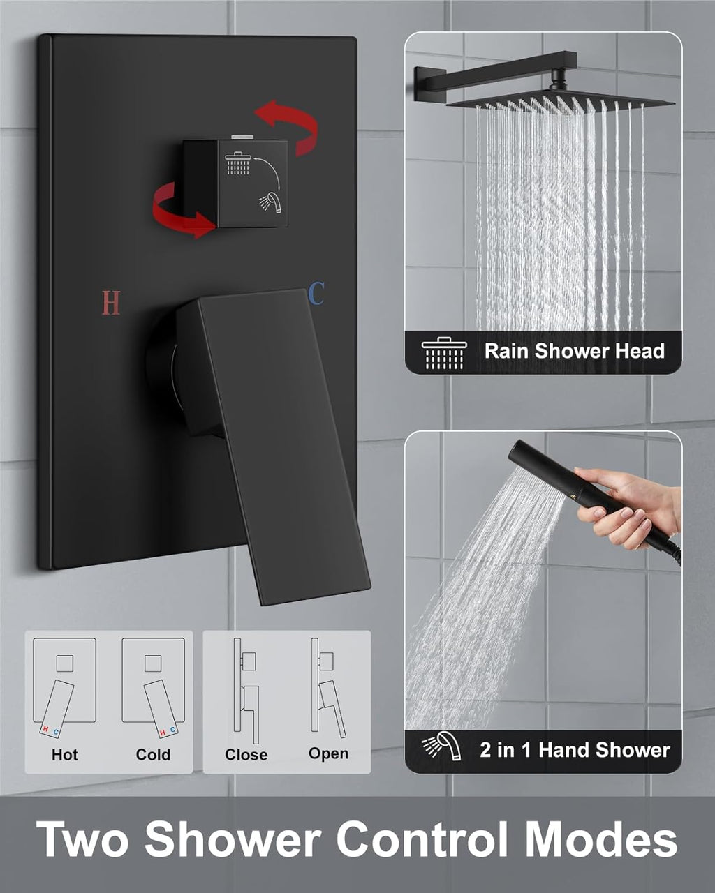 Aolemi Shower Faucet Set, High Pressure Shower System with 2-in-1 Handheld Sprayer, Wall Mount Fixture Combo with Rough-in Valve, 12 Inch Shower Head, Matte Black