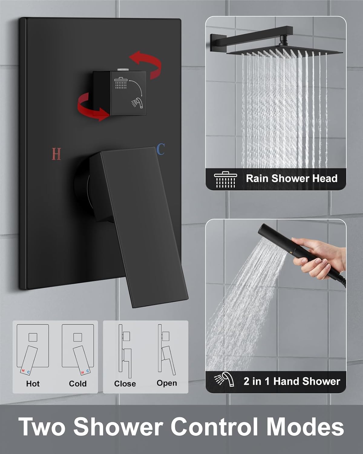 Aolemi Shower Faucet Set, High Pressure Shower System with 2-in-1 Handheld Sprayer, Wall Mount Fixture Combo with Rough-in Valve, 12 Inch Shower Head, Matte Black