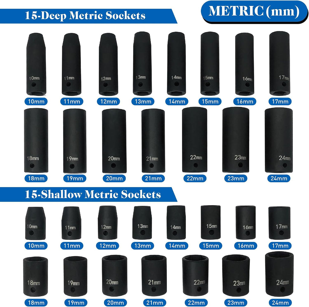 MacWork 65-Piece Impact Socket Set, 1/2-Inch Drive, SAE and Metric Sizes, CR-V Alloy Steel, Deep and Shallow Sockets with Accessories