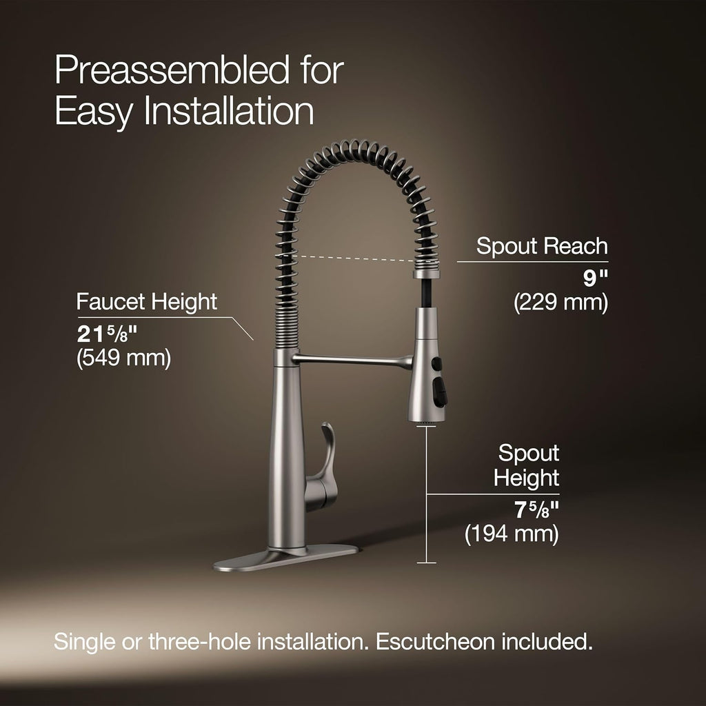 KOHLER 22033-VS Simplice Semi Professional Kitchen Sink Faucet, Pre-Rinse Kitchen & Commercial Faucet, Vibrant Stainless, 9' x 9-1/4' x 21-5/8'