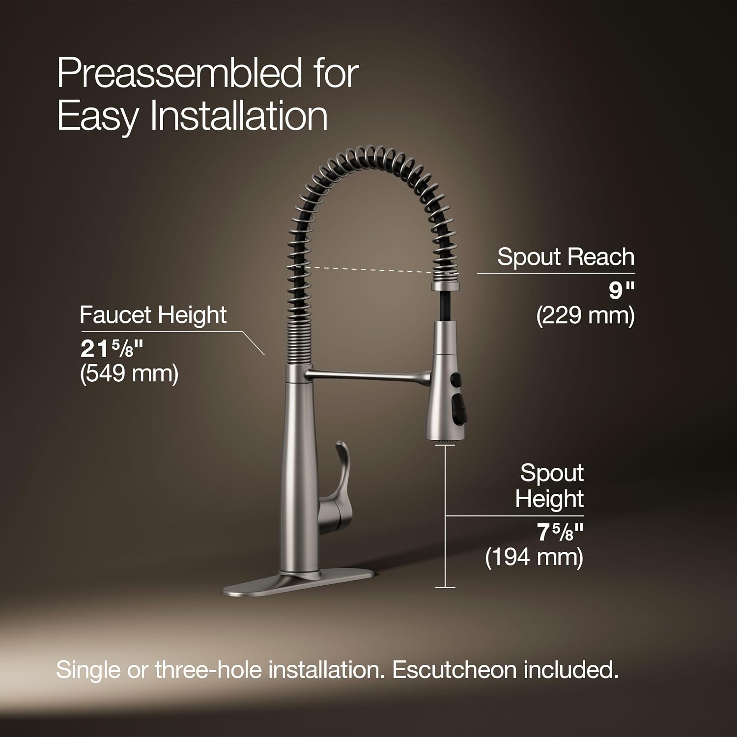 KOHLER 22033-VS Simplice Semi Professional Kitchen Sink Faucet, Pre-Rinse Kitchen & Commercial Faucet, Vibrant Stainless, 9' x 9-1/4' x 21-5/8'