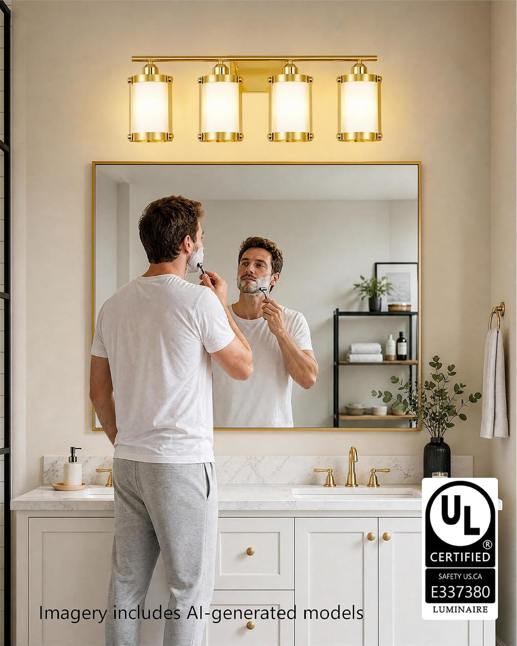 4-Light Brushed Gold Bathroom Light Fixtures with Milk White Frosted Glass, 29' UL-Listed Modern Wall Sconce Over Mirror with Metal Cage for Bath, Hardwire E26, OS-3014BGW-4W