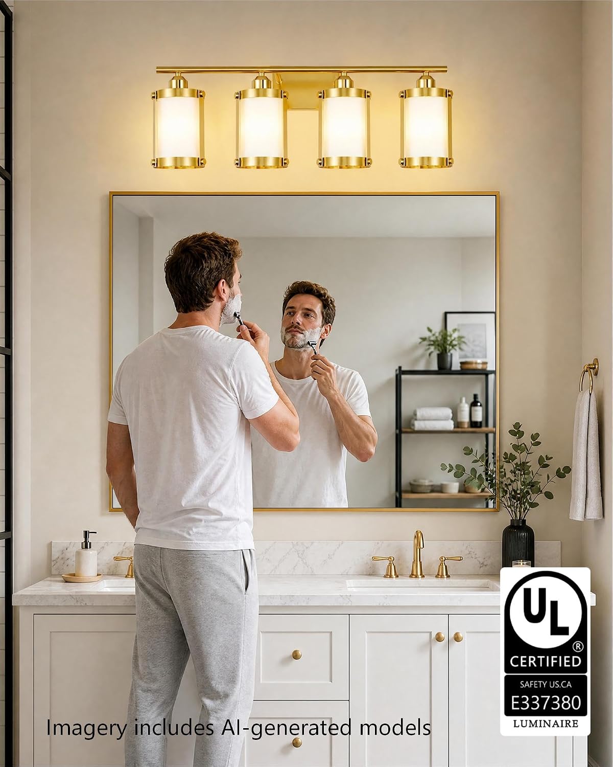 4-Light Brushed Gold Bathroom Light Fixtures with Milk White Frosted Glass, 29' UL-Listed Modern Wall Sconce Over Mirror with Metal Cage for Bath, Hardwire E26, OS-3014BGW-4W