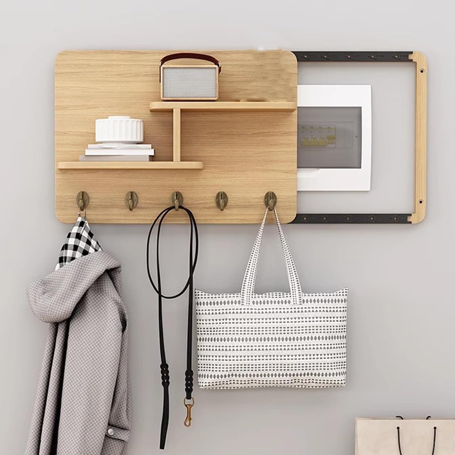 Wooden Breaker Box Cover with Shelves & Hooks, Multifunctional Indoor Fuse Box Cover for Decorative Wall, Left Sliding Meter Box Cover Farmhouse(Style/C,40x30cm(15 3/4x11 3/4'))