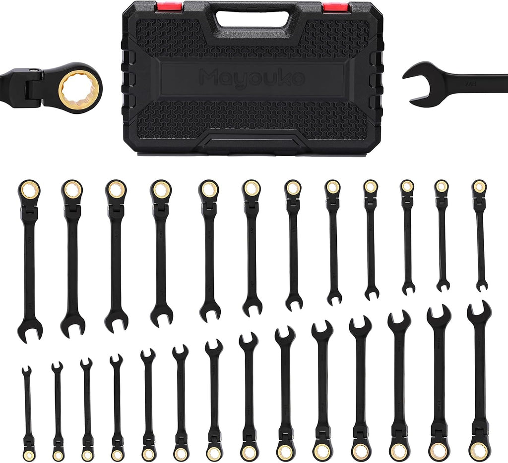 Mayouko 26PCS Flex Head Ratcheting Combination Wrench Set, SAE 1/4'-7/8' & Metric 6-22mm, 12 Point, 72 Tooth, Cr-V Steel with Black Chrome Finish
