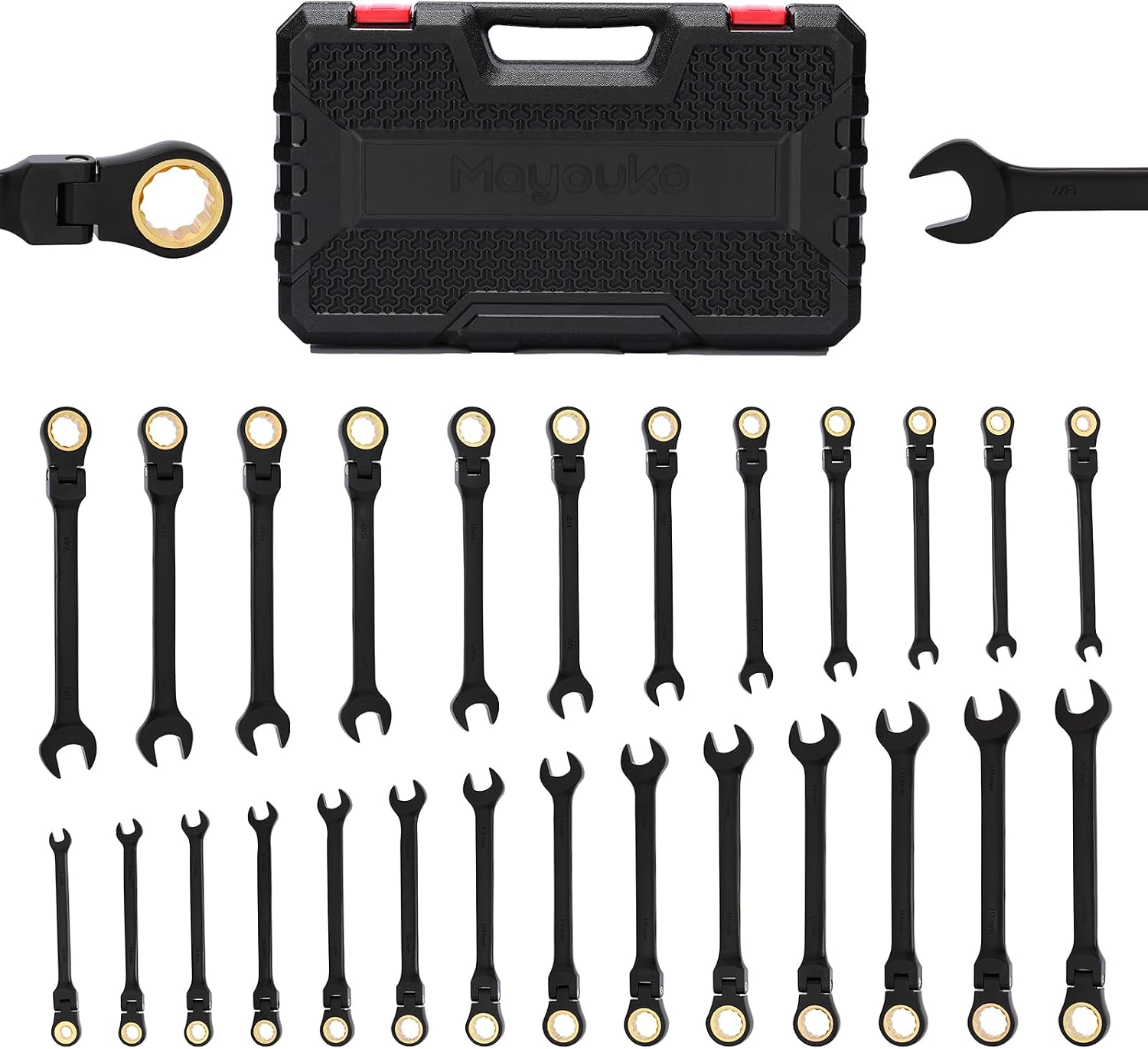 Mayouko 26PCS Flex Head Ratcheting Combination Wrench Set, SAE 1/4'-7/8' & Metric 6-22mm, 12 Point, 72 Tooth, Cr-V Steel with Black Chrome Finish
