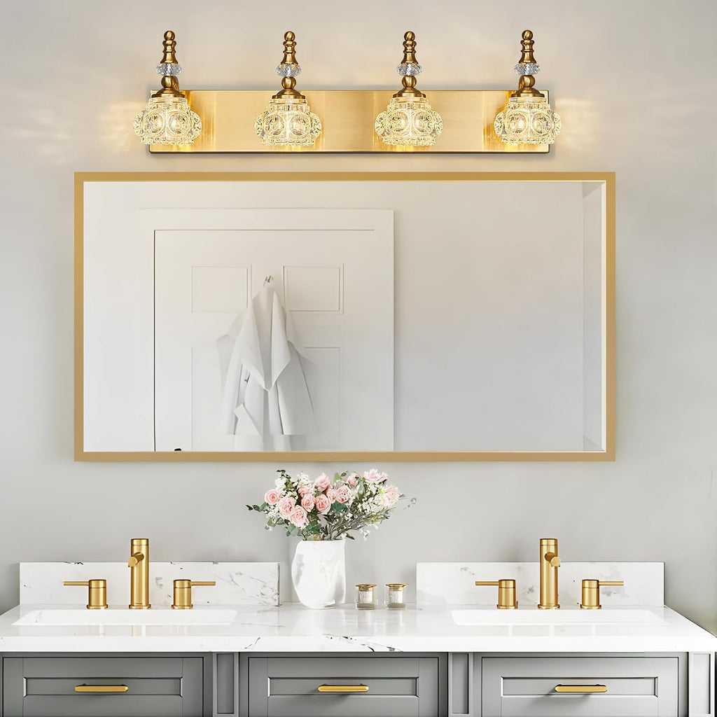 Modern Glass Crystal Vanity Light - Vintage Bathroom Lighting Fixtures Over Mirror, 4 Light Vanity Lights G9 Bulb (27.55 Inch, Gold)