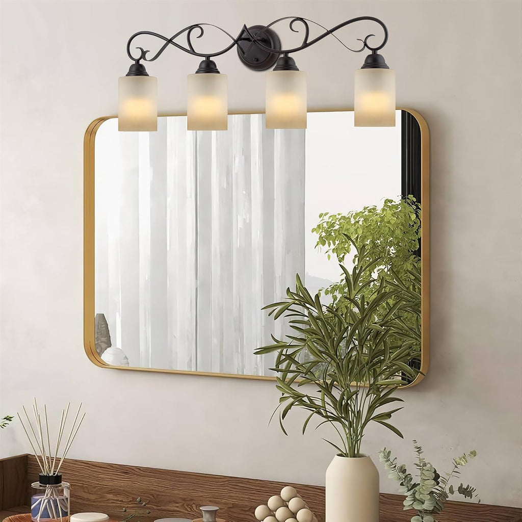 Kira Home Villa 31' Traditional 4-Light Bathroom Vanity Light with Scrollwork Design and Frosted Amber Glass Shades, Oil Rubbed Bronze Finish