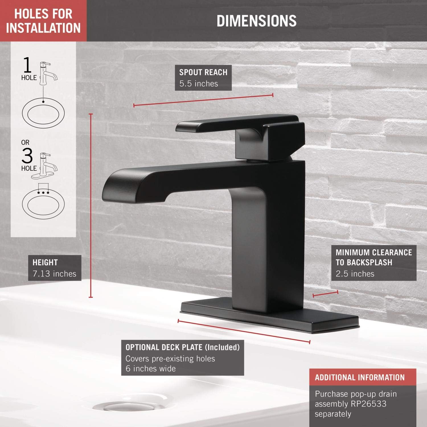Delta Ara Matte Black Bathroom Faucet 1 Hole, Single Hole Bathroom Sink Faucet for Vanity, Matte Black 567LF-BLLPU