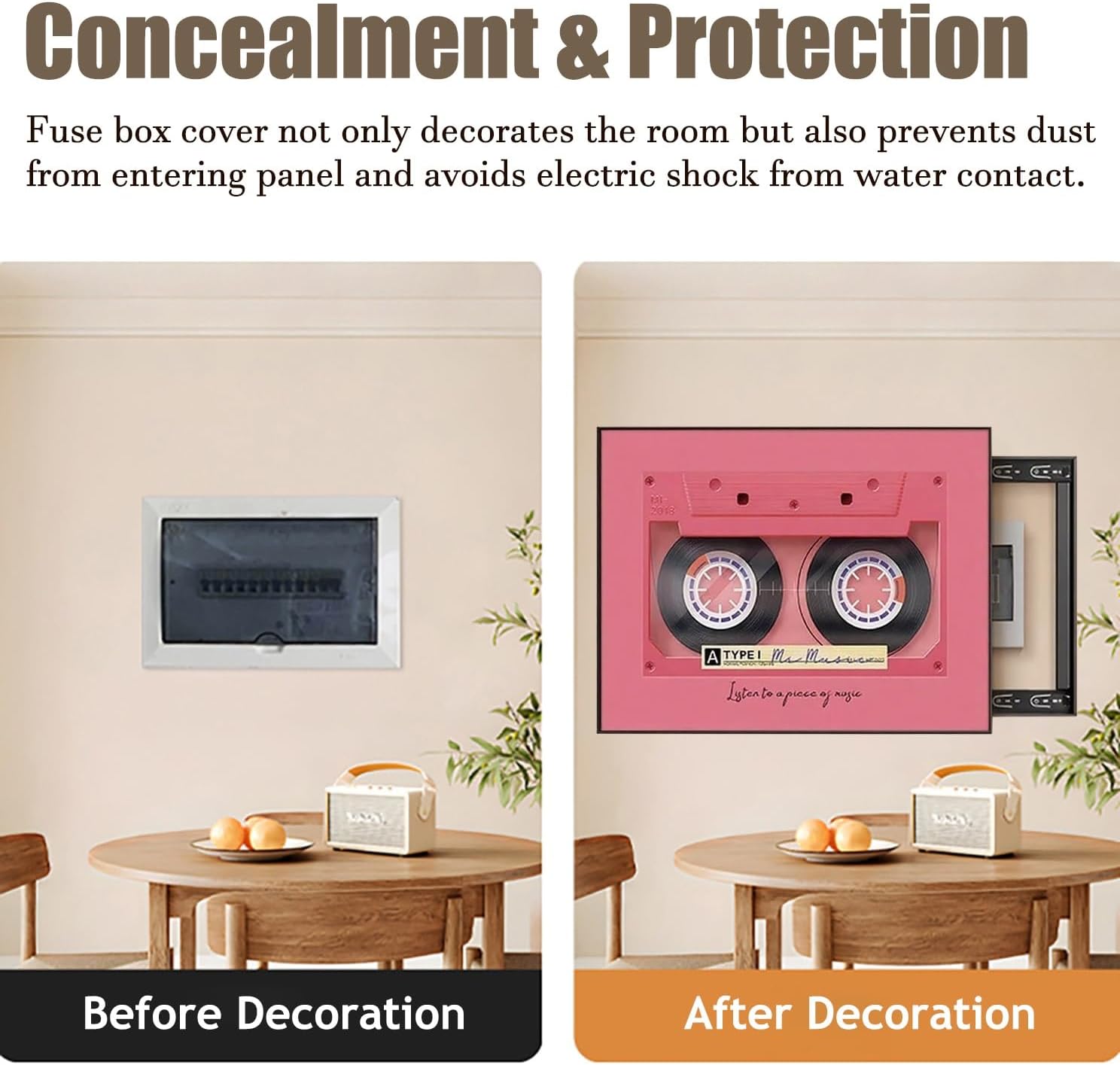 Electrical Panel Cover Electrical Panel Cover with Cassette Tape Pattern, Left-Side Sliding Breaker Box Cover, Vintage Electric Meter Box, Fuse Box Covers(Style B,60 x 45CM(23 5/8 x 17 3/4'))