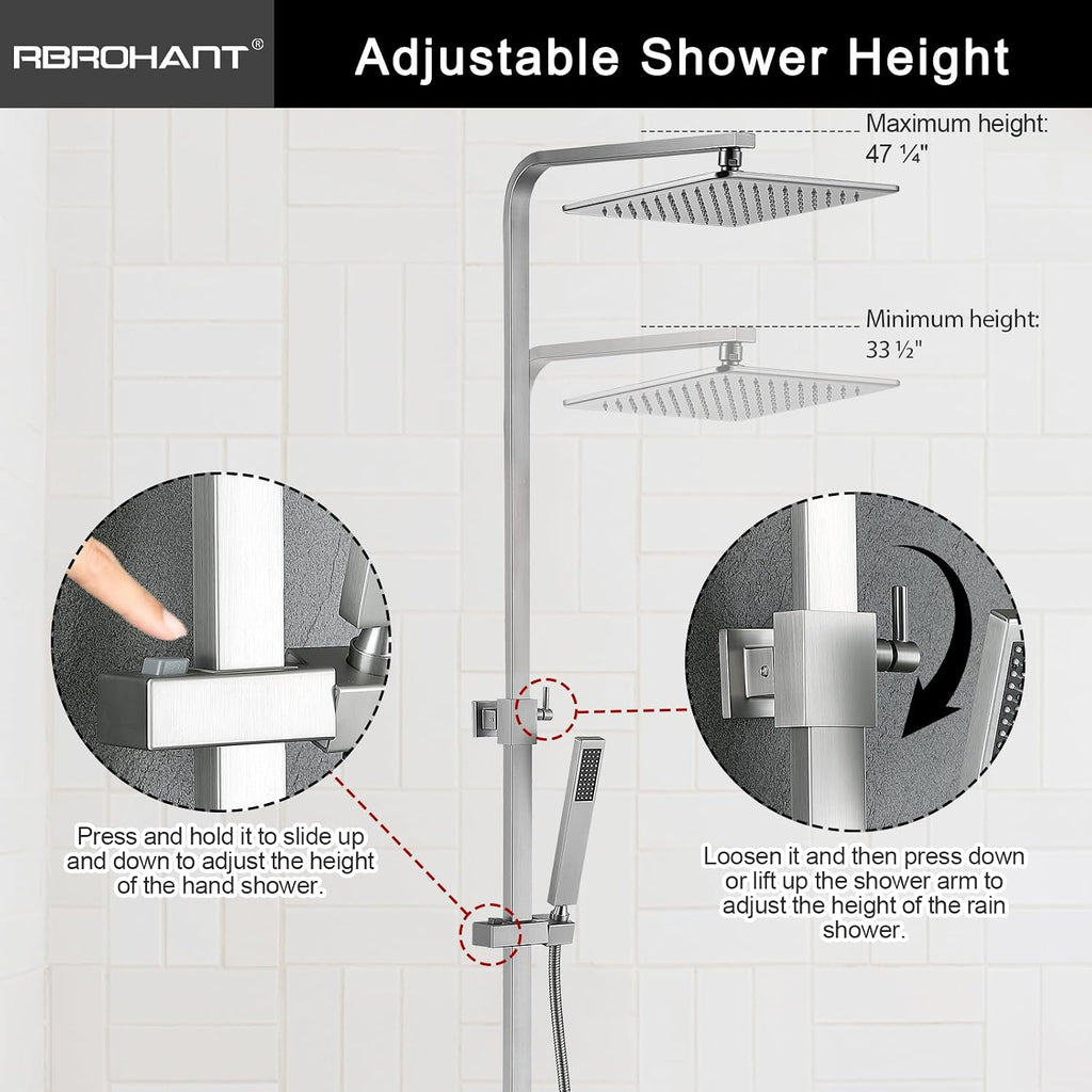 RBROHANT Brushed Nickel Exposed Shower System with Tub Spout, Exposed Shower Fixtures for Bathroom with Brass 3-Functional Valve, Shower Height Adjustable, Wall Mounted