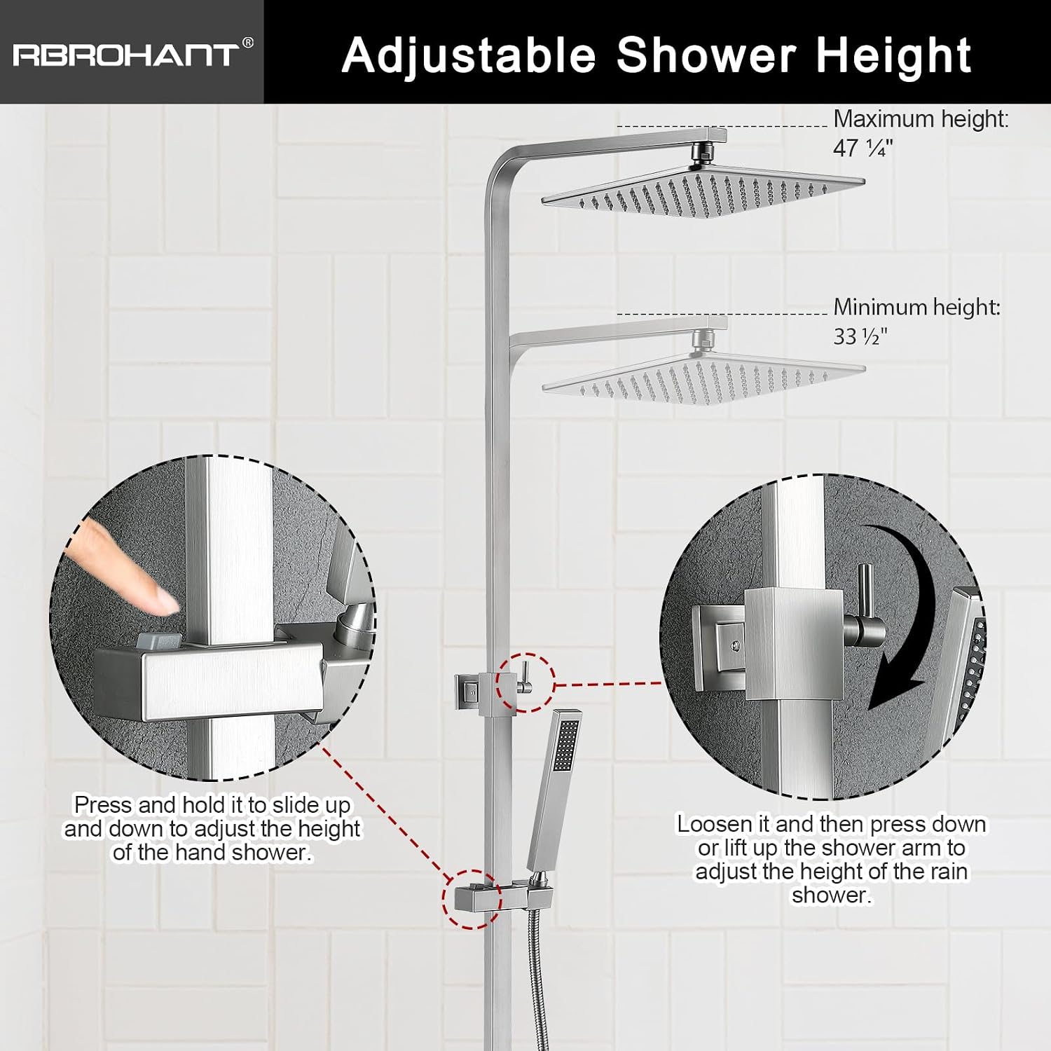 RBROHANT Brushed Nickel Exposed Shower System with Tub Spout, Exposed Shower Fixtures for Bathroom with Brass 3-Functional Valve, Shower Height Adjustable, Wall Mounted