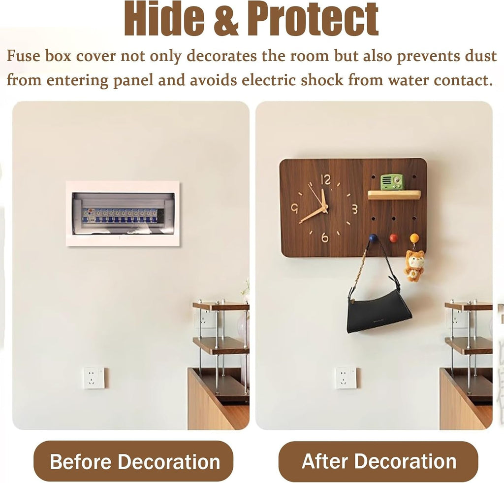 Electrical Panel Cover Solid Wood Circuit Breaker Box Cover Household, Electrical Panel Cover with Clock & Hook, Creative Power Distribution Box Protective Lid(White,W40 x L50 cm (15.8 x 19.7 in))