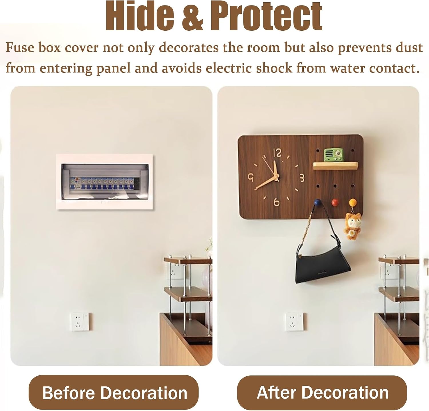 Electrical Panel Cover Solid Wood Circuit Breaker Box Cover Household, Electrical Panel Cover with Clock & Hook, Creative Power Distribution Box Protective Lid(White,W40 x L50 cm (15.8 x 19.7 in))