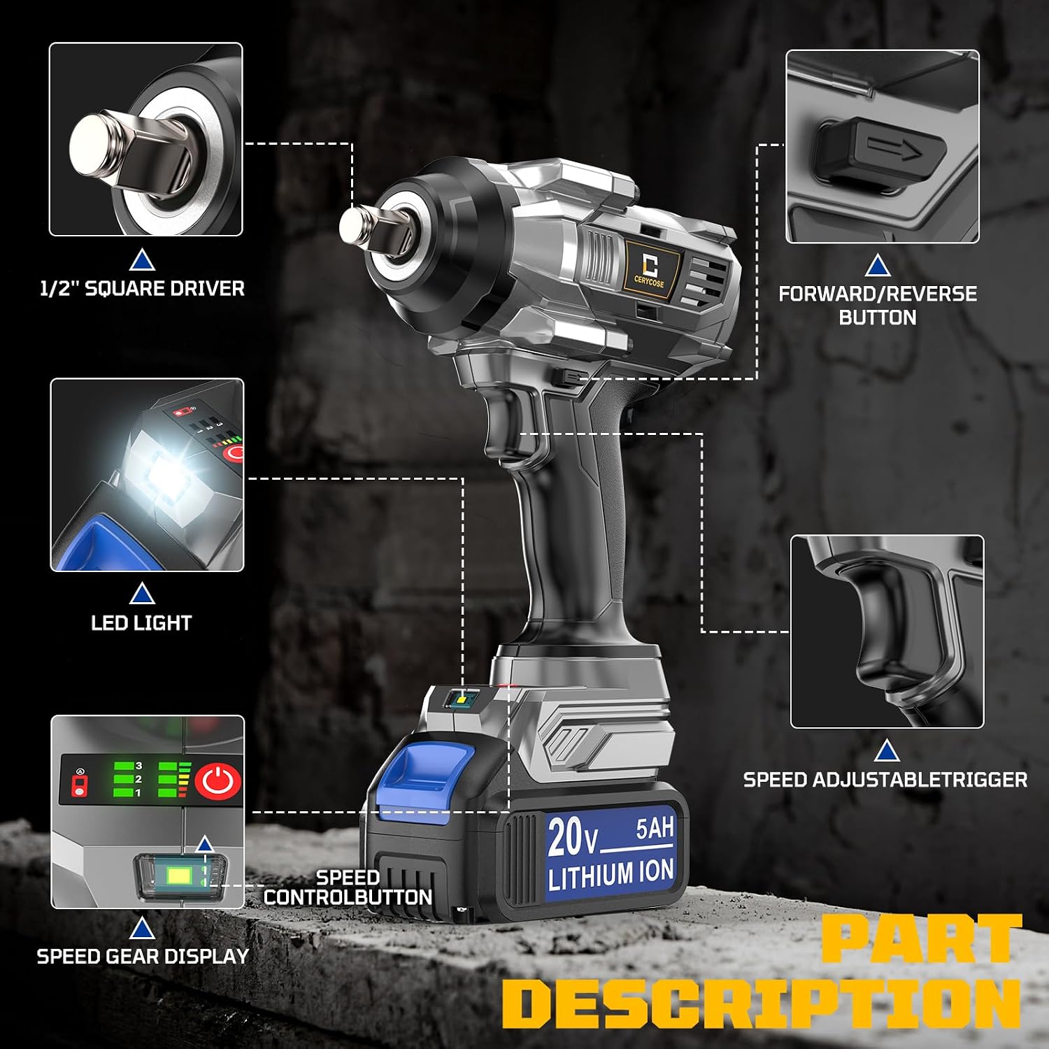 Cordless Impact Wrench Compatible with Dewalt Battery, 900FT-LBS Brushless Electric Impact Gun Includes LED Work Light, 2100RPM High Torque Impact Driver, with 2 * 5AH battery 3A 60W Fast Charger