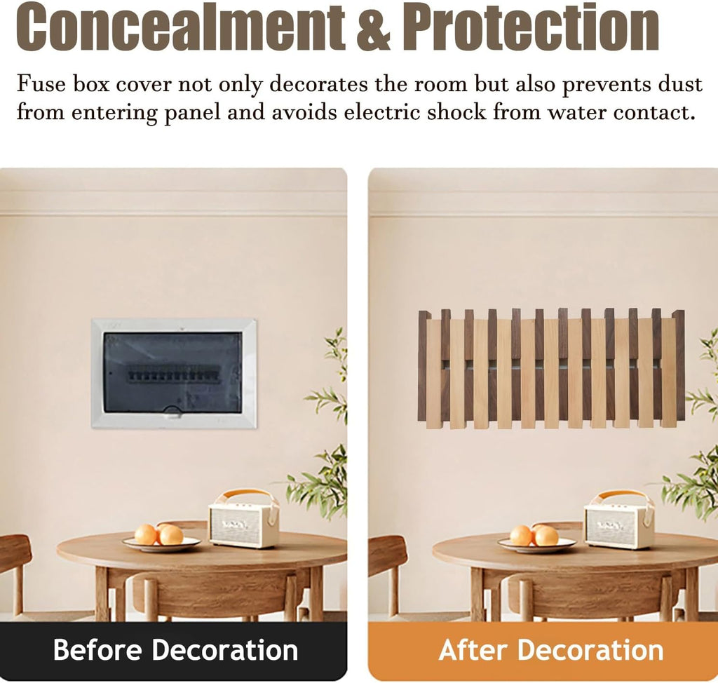 Electrical Panel Cover Hide Breaker Box/Distribution Cover, Wood Piano Key Electrical Panel Cover, Home Breaker Box Cover with Hook, for Hanging Clothes/Hats/Bags(Natural,10 Hooks)