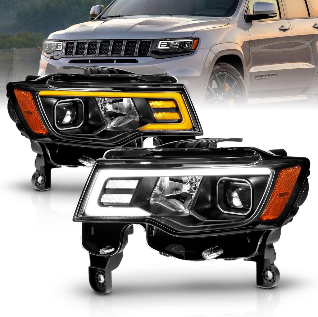 AmeriLite for 2017-2022 Jeep Grand Cherokee Switchback LED Bar Square Projector Black Headlights Assembly Set- Passenger and Driver Side