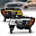 AmeriLite for 2017-2022 Jeep Grand Cherokee Switchback LED Bar Square Projector Black Headlights Assembly Set- Passenger and Driver Side