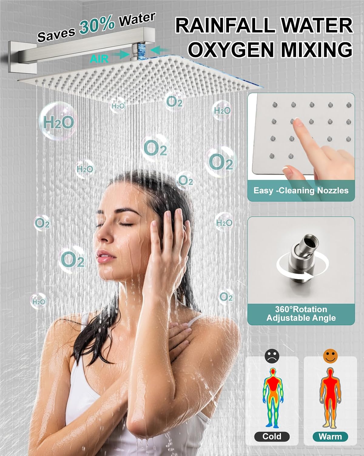 Shower Faucet Set Rainfall Shower System with Square Showerhead and Handle Set Fixture with 2 in 1 Function Handheld Sprayer Wall Mounted Trim Repair Kit Rough-in Valve 16 Inch Brushed Nickel